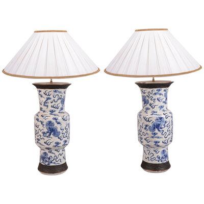 Pair Chinese 19th Century Blue and White crackelware vases / lamps.