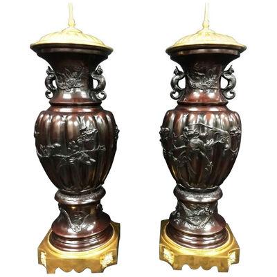 Large Pair of 19th Century Japanese Bronze Vases or Lamps
