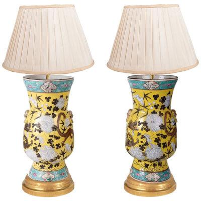 Pair of 19th Chinese Famille Jaune Crackelware Vases / lamps