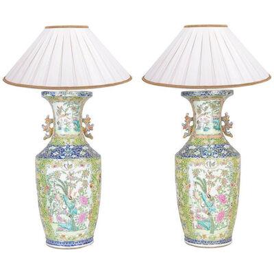 Pair of 19th Century Rose Medallion, Canton Vases / Lamps