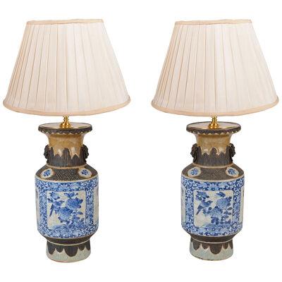 Chinese 19th Century Blue and White crackleware vases / lamps