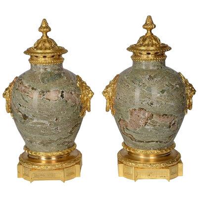 Pair Classical 19th Century Marble Lidded Urns