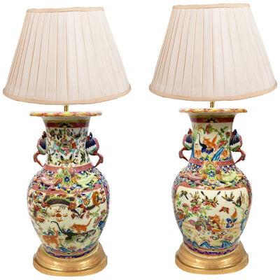 Pair of Chinese Canton / Rose Medallion Vases / Lamps, 19th Century