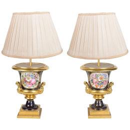 Pair late 19th Century French Sevres style porcelain urn lamps.