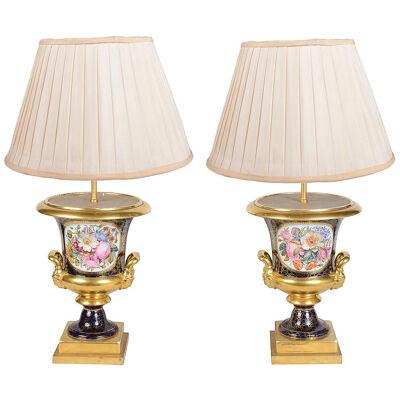 Pair late 19th Century French Sevres style porcelain urn lamps.