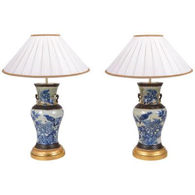 Pair Chinese Blue and White crackle ware lamps, 19th Century.
