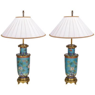 Pair Chinese Champleve enamel vases / lamps, circa 1900