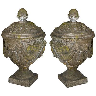 Pair Classical 19th Century Lidded Garden Urns