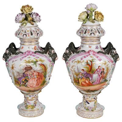 Large Pair Meissen Style Porcelain Lidded Vases, 19th Century