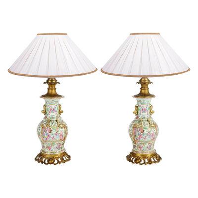 Pair of 19th Century Rose Medallion Ormolu Mounted Vases / Lamps