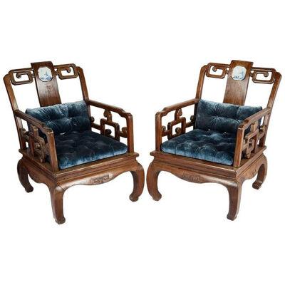 Rare Pair of 19th Century Chinese Hardwood Armchairs