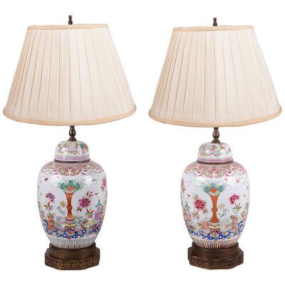 Pair of Chinese Famille Rose Ginger Jar Lamps, 19th Century