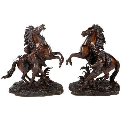 Large Pair of 19th Century Bronze Marly Horses, After Coustou