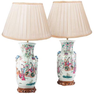 Pair 19th Century Chinese Famille Famille Rose Vases / Lamps