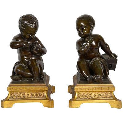 Pair 19th century French bronze putti.
