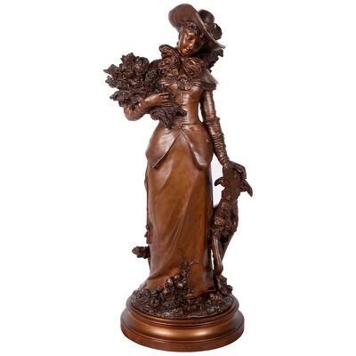Classical 19th Century Bronze Lady and Borzoi Hound, Signed Gaudez