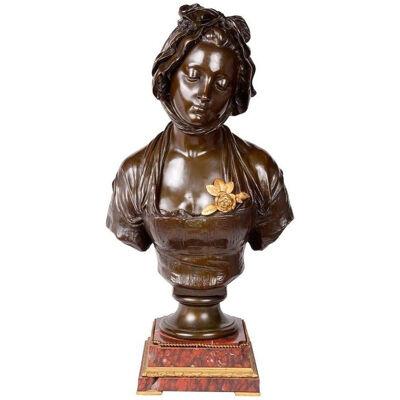 19th Century French Bronze Female Bust, Signed E. Laurent