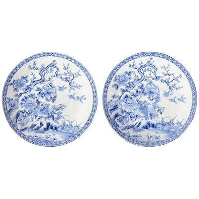 Rare pair Japanese Blue and White chargers. 75cm(29.5") diameter