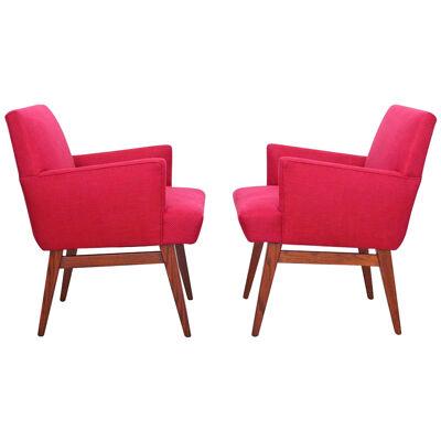 Pair of New Upholstered Midcentury Armchairs with Oak Base, USA, 1950s