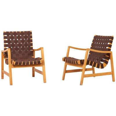 Pair of Jens Risom Lounge Chairs in Brown Webbing for Knoll, 1950s