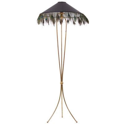1950s Brass Floor Lamp with Peacock Feathers