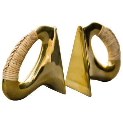 Pair of Carl Auböck Bookends in Polished Brass and Coiled with Cane