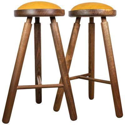Pair of Michael Rozell Studio Bar Stools Figured Walnut and Leather