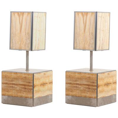Pair of Tomasso Barbi Side Table and Lamp in Alabaster, Italy, 1970s