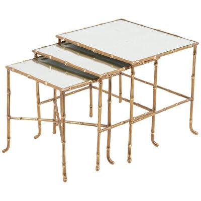 Set of 3 Bronze Bamboo Nesting Tables with Mirrors by Maison Baguès, France