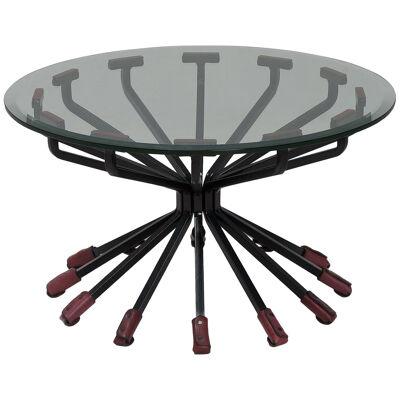 Coffee Table with Glass Top, Steel Legs and 12 Leather Trim Legs by Dan Wenger