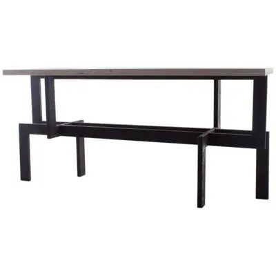 Modernist patinaed Steel Console Table with Open Travertine Top.