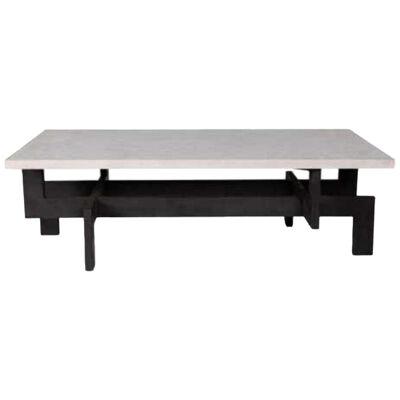 Modernist Patinaed Steel Coffee Table with Limestone Top