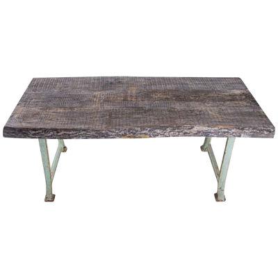 Crafted Live Edge Top on Antique Steel Base with Original Paint Patina Table