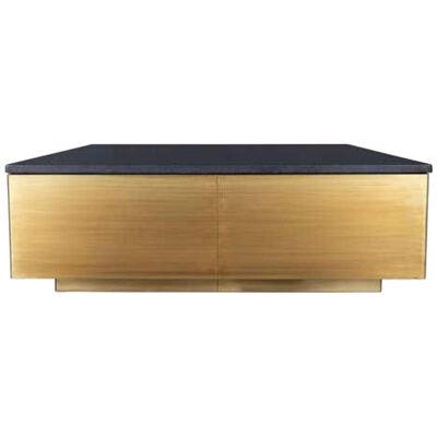 Square Coffee Table with an Absolute Black Leathered Top and Brass Base