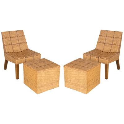 Pair of Vintage French Woven Rattan Chairs with Paired Ottoman