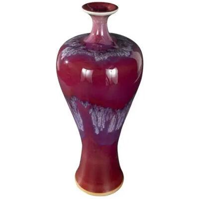 Ceramic Pinched Neck Variegated Vase in Oxblood and Pink Drip Glaze