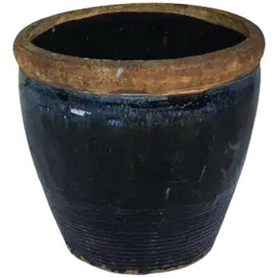 Short Black Glazed Terra Cotta Storage Vase