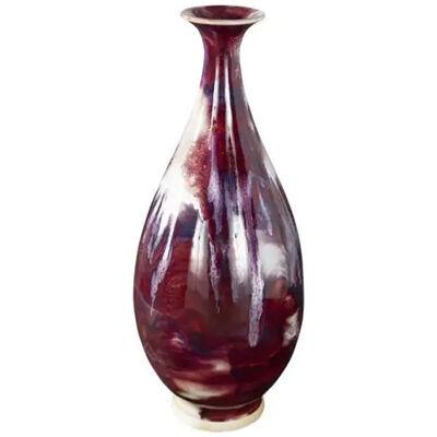 Ceramic Fluted Variegated Vase in Oxblood and Pink Drip Glaze