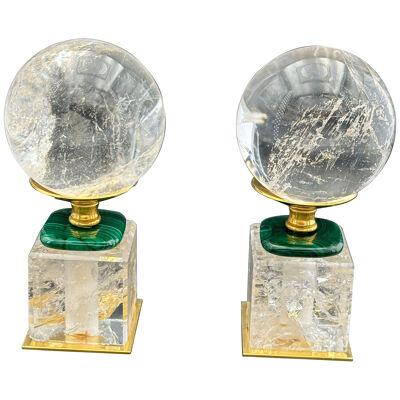 Pair of Rock Crystal Spheres with Their Support in Rock Crystal and Malachite