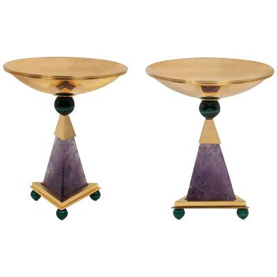 Amethyst, 24 K Gold Plated, Malachite Pairs of Centerpieces by Alexandre Vossion