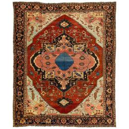 1870s Antique Wool Rug Persian Serapi Featuring a Medallion Motif In Rust Color