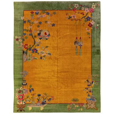 Antique Art Deco Handmade Floral Chinese Yellow and Green Wool Rug