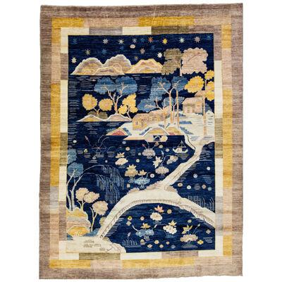 Modern Pictorial Designed Chinese Art Deco Style Wool Rug In Navy Blue