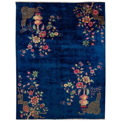 Vintage Blue Chinese Art Deco Wool Rug 8 Ft 5 In X 11 Ft 5 In.