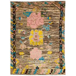 Floral Designed Modern Moroccan Style Wool Rug In Brown