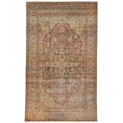 1920s Antique Kerman Handmade Wool Rug With Floral Medallion In Red