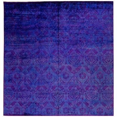 Modern Handmade Blue & Purple Square Wool Rug with Floral Pattern