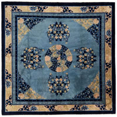 Medallion Handmade Antique Chinese Peking Square Wool Rug in Blue