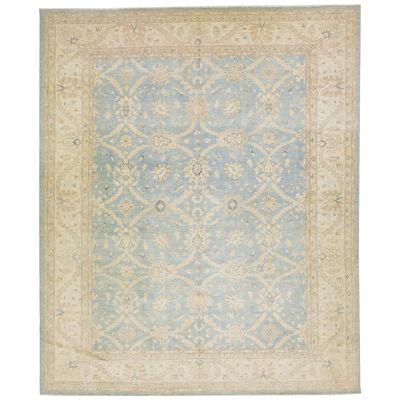 Modern Oushak Style Wool Rug Handmade with Allover Floral Motif in Blue