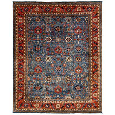 Floral Modern Serapi Style Wool Rug With Navy Blue Field